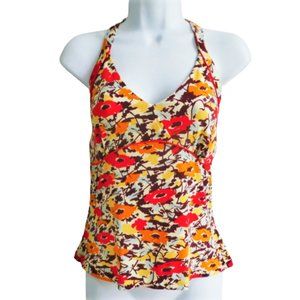 City DKNY Babydoll Sweetheart Top Abstract Floral Brown Orange Piping Shelf Bra